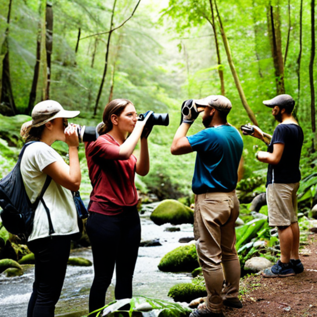 ** A diverse group of people participating in a citizen science project in a lush forest. They are using binoculars to observe birds, collecting water samples from a stream, and identifying plant species. The scene emphasizes hands-on learning and connection with nature.

**