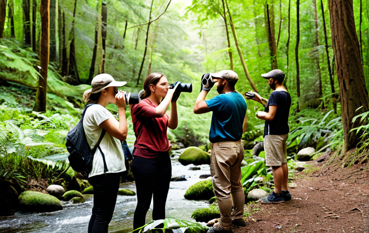 ** A diverse group of people participating in a citizen science project in a lush forest. They are using binoculars to observe birds, collecting water samples from a stream, and identifying plant species. The scene emphasizes hands-on learning and connection with nature.

**