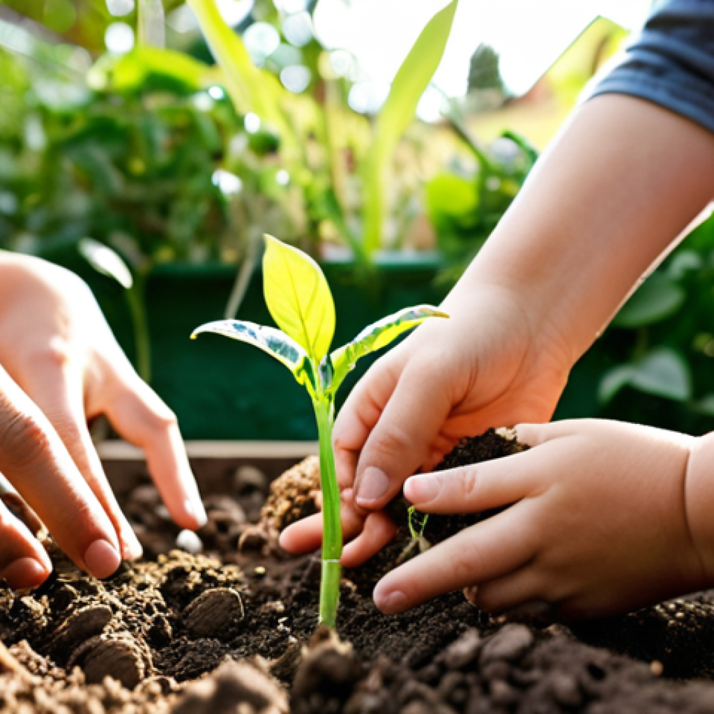 A vibrant, close-up scene in a thriving community garden, where diverse individuals of all ages are actively engaged in hands-on ecological learning. A child's hand gently touches fertile soil next to a sprouting seedling, while in the soft-focused background, adults are laughing and collaborating around lush raised garden beds. Sunlight filters warmly through green leaves, creating an ambiance of deep connection to nature, shared purpose, and the joy of growth. Natural light, shallow depth of field, earthy tones with vibrant greens. Photorealistic, high detail.