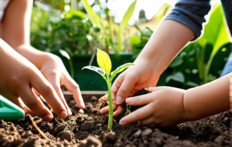 A vibrant, close-up scene in a thriving community garden, where diverse individuals of all ages are actively engaged in hands-on ecological learning. A child's hand gently touches fertile soil next to a sprouting seedling, while in the soft-focused background, adults are laughing and collaborating around lush raised garden beds. Sunlight filters warmly through green leaves, creating an ambiance of deep connection to nature, shared purpose, and the joy of growth. Natural light, shallow depth of field, earthy tones with vibrant greens. Photorealistic, high detail.