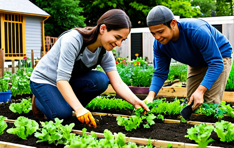 A diverse group of adults and young adults, fully clothed in modest, practical outdoor attire, actively participating in a vibrant community garden. They are gently planting seedlings and tending to plants, with well-formed hands and natural body proportions. The garden is lush with various vegetables and flowers, set against a backdrop of urban buildings, bathed in soft, natural sunlight. Perfect anatomy, correct proportions, natural pose, professional photography, high quality, safe for work, appropriate content, family-friendly.