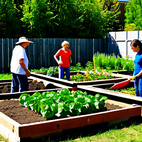 Community Garden**

"A diverse group of people, fully clothed in gardening attire, working together in a thriving community garden. Raised garden beds overflowing with vegetables and flowers, a sunny day, children learning from adults. Safe for work, appropriate content, professional photo, perfect anatomy, correct proportions, natural pose, well-formed hands, proper finger count, family-friendly."

**