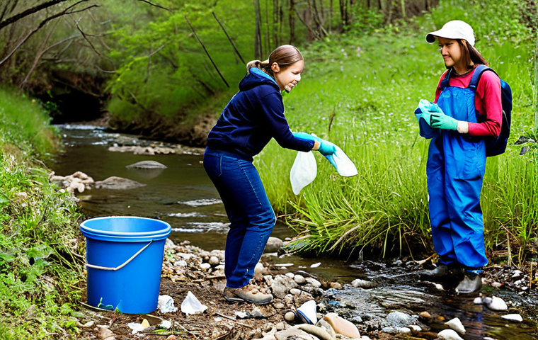 생태 리터러시 교육을 위한 맞춤형 자료 만들기 - Creek Cleanup**
"A diverse group of young people, fully clothed in appropriate outdoor wear, partic...