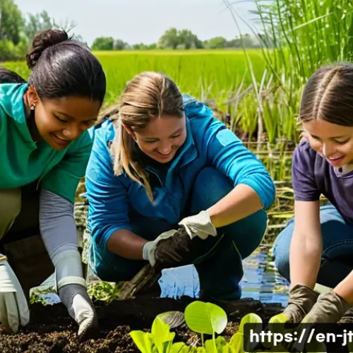 Home 30 생태 리터러시와 사회적 변화의 연결성 - A diverse group of adults and children participating in a wetland restoration project on a sunny day...