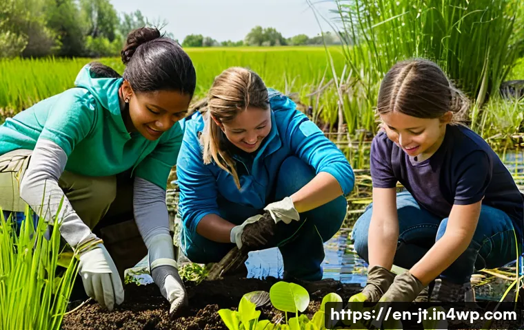 생태 리터러시와 사회적 변화의 연결성 - A diverse group of adults and children participating in a wetland restoration project on a sunny day...