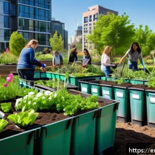 Home 17 생태 리터러시와 환경 보호의 연결성 - A vibrant urban community garden scene during a sunny spring day, diverse group of people including ...