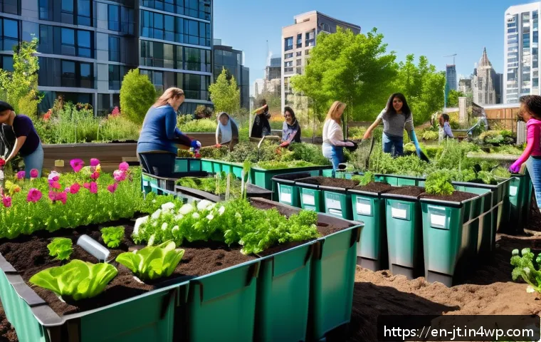 생태 리터러시와 환경 보호의 연결성 - A vibrant urban community garden scene during a sunny spring day, diverse group of people including ...