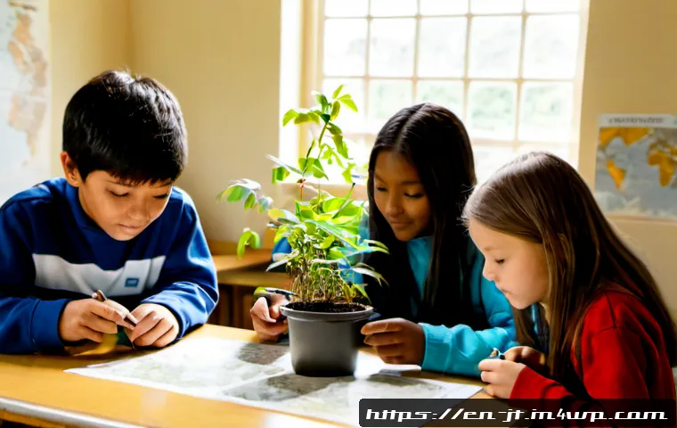 Home 17 생태 리터러시 교육의 미래 방향 - Photorealistic environmental literacy classroom of diverse middle-school students and an older teach...