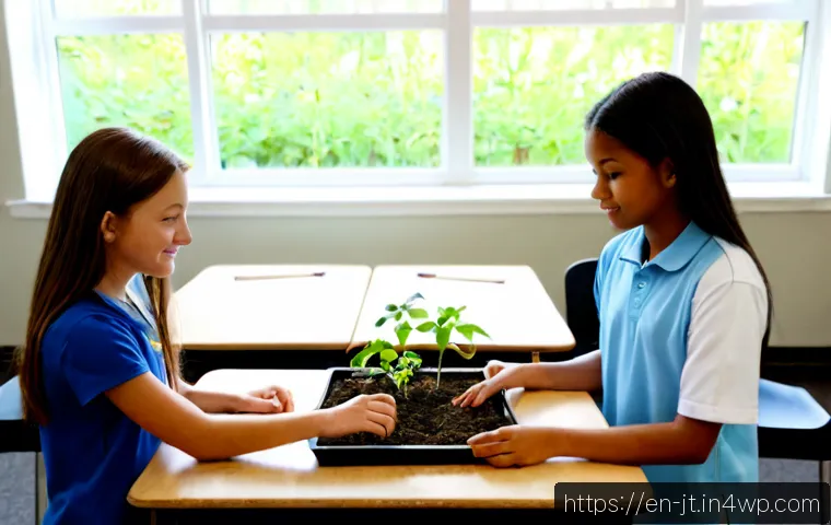 Home 17 생태 리터러시와 기술의 융합 - Photorealistic environmental science classroom in a modern American middle school, diverse students ...